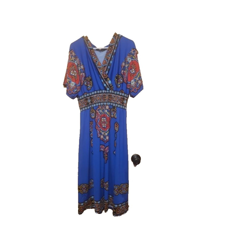 Calessa Women Dress Printed V-Neck Smocked Waist Midi Lounge Colorful‎ Sz Medium